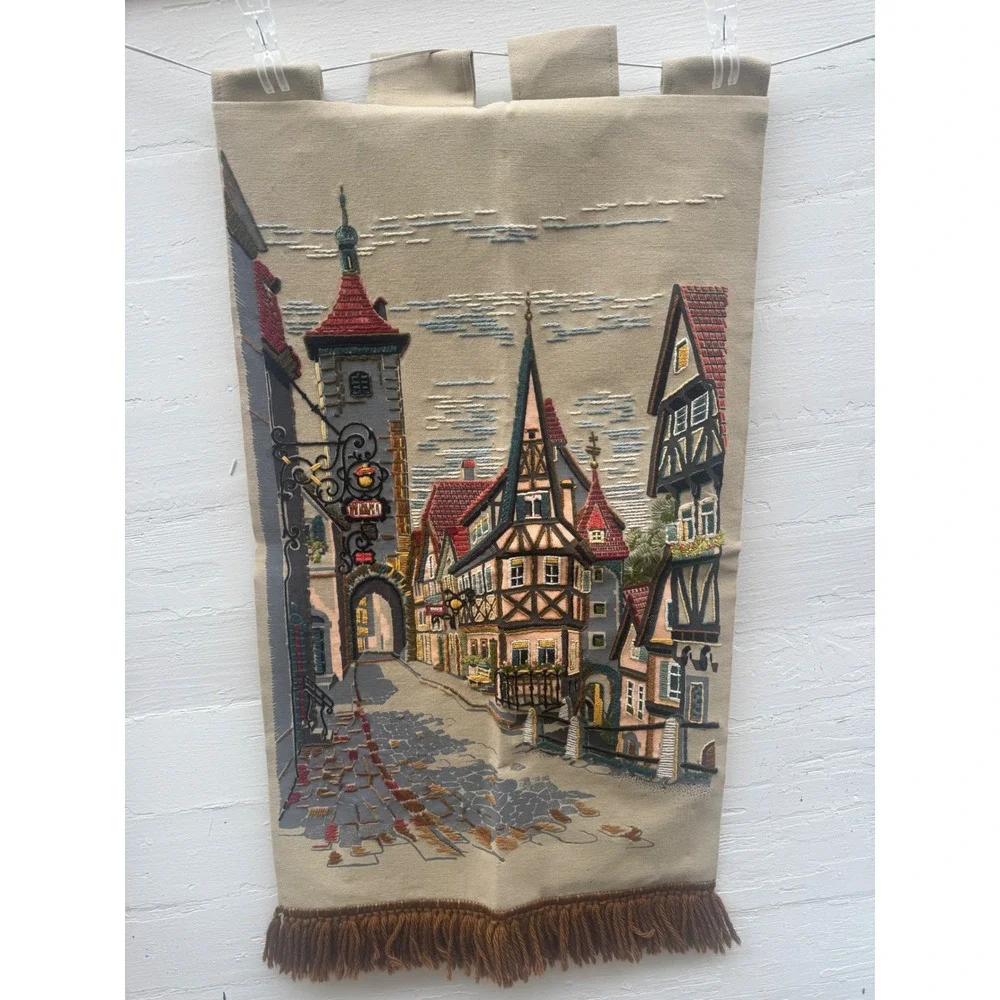 Vintage 1970s West Germany Wall Hanging Tapestry Linen Embroidered Village Paint